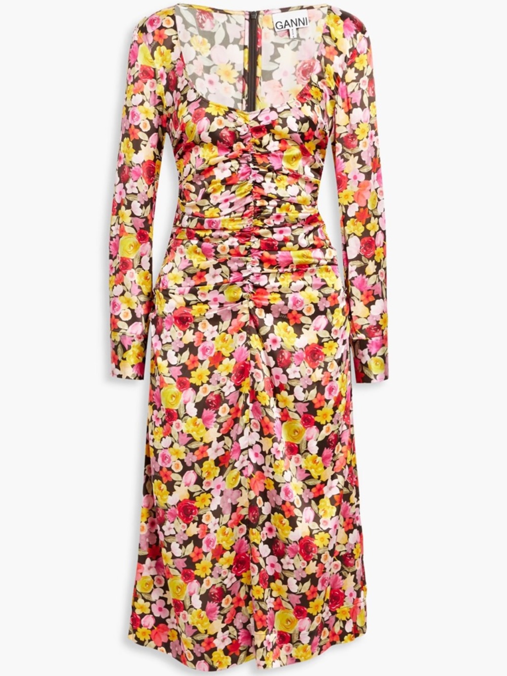 Ganni Ruched floral-print silk-blend satin midi Dress Original Price $645